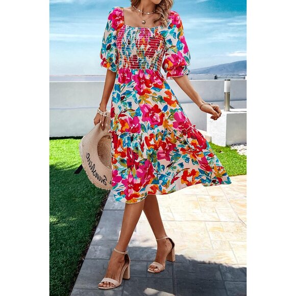 Women's Floral Summer Dress Polyester Puff Sleeve Square Neck Casual Midi - Picture 5 of 6
